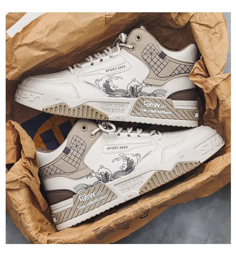 Men's beige board shoes with mesh lining and lace-up front closure on flat rubber sole