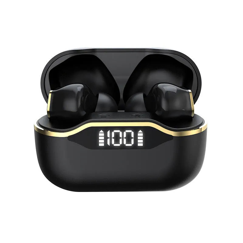 T28 TWS earphones with LED display and IPX5 waterproof rating in black, shown with charging case