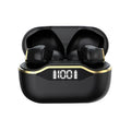 T28 TWS earphones with LED display and IPX5 waterproof rating in black, shown with charging case