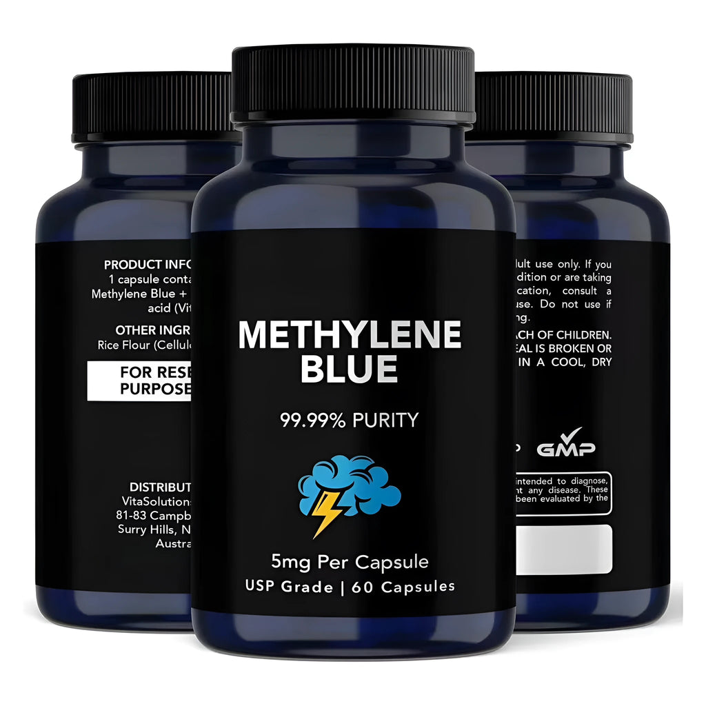 White bottle of Methylene Blue capsules with 60 tablets standard specification supplement