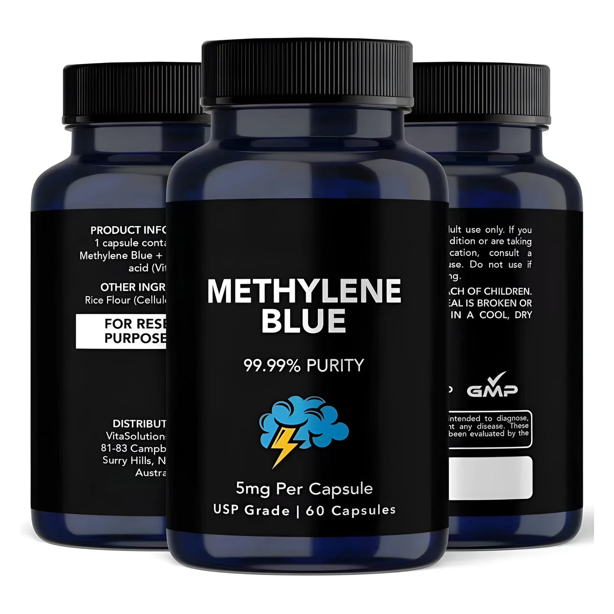 White bottle of Methylene Blue capsules with 60 tablets standard specification supplement