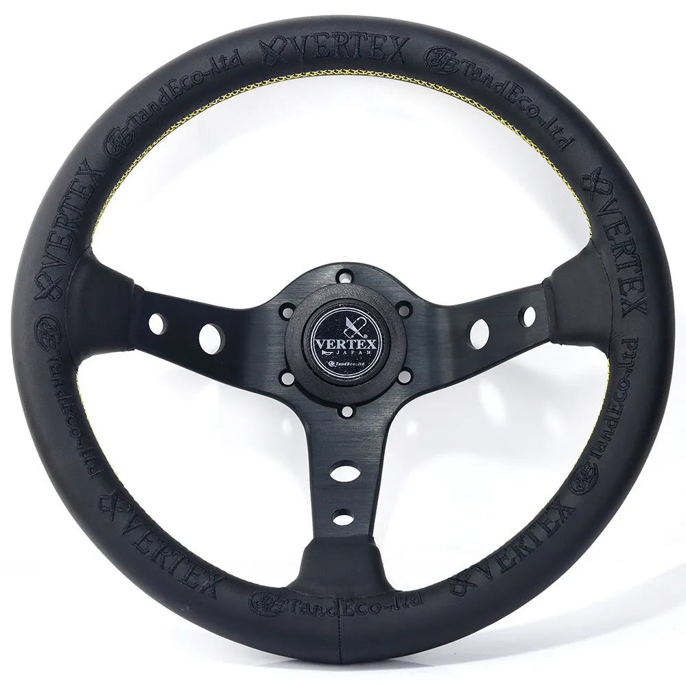 Black deep concave alloy racing steering wheel showing 330mm diameter and Vertex design options.