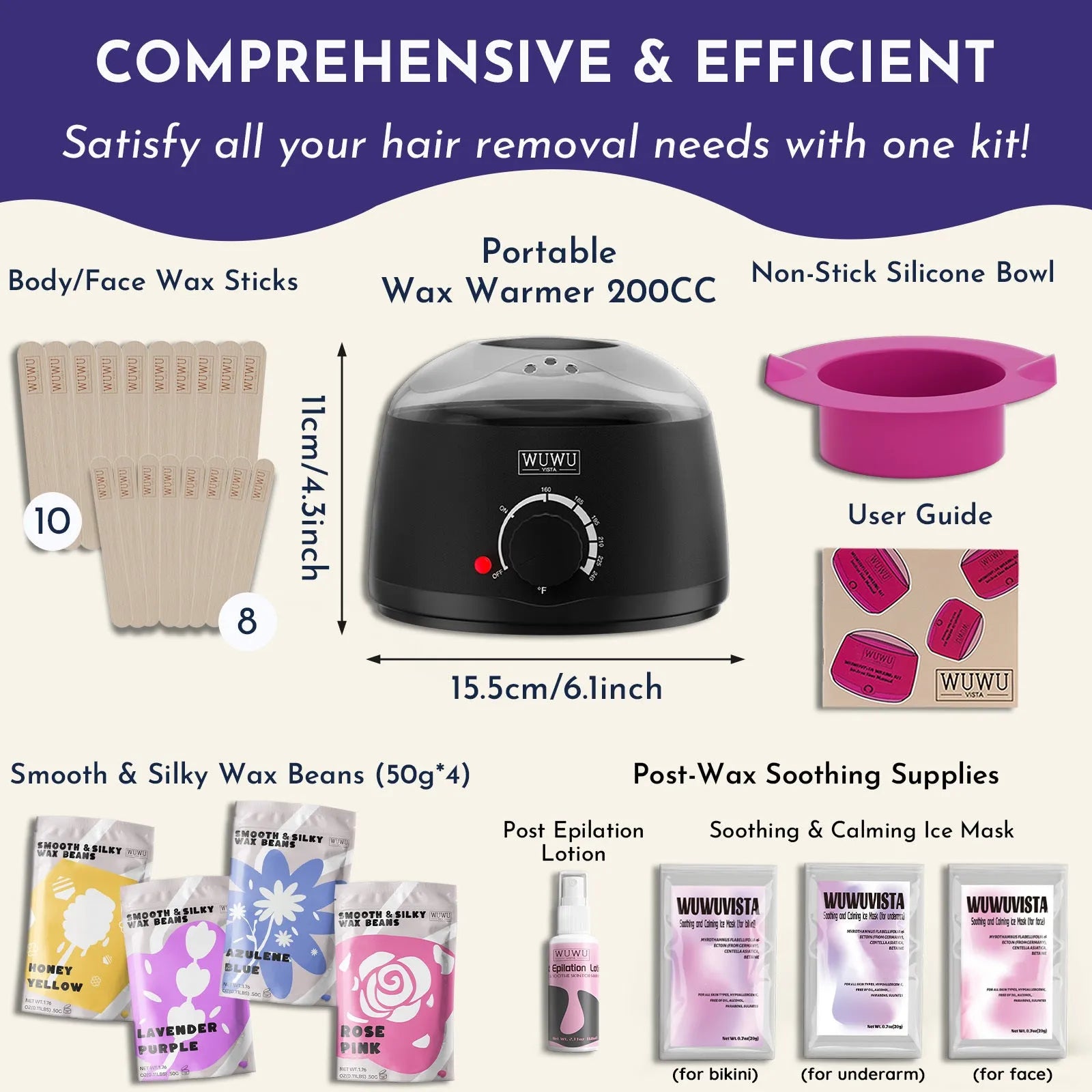 WUWUVISTA 29-piece hard wax kit with compact warmer, wax beans, aftercare lotion, ice masks, and wax sticks