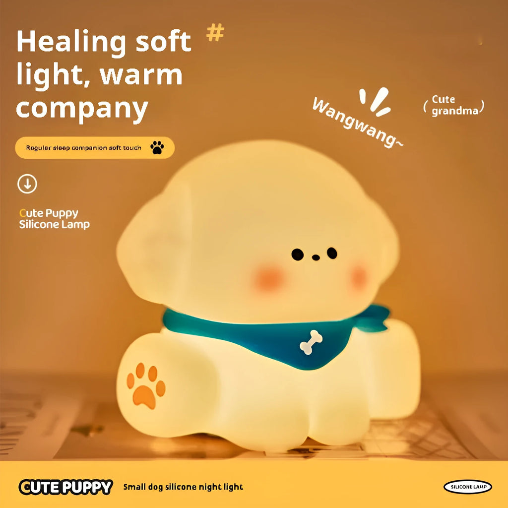 Silicone puppy night light for children's bedroom, 127mm high by 114mm wide, cartoon dog lamp
