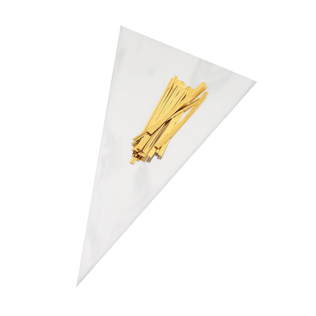 OPP triangle plastic packaging bag with integrated tie wire closure in three size options