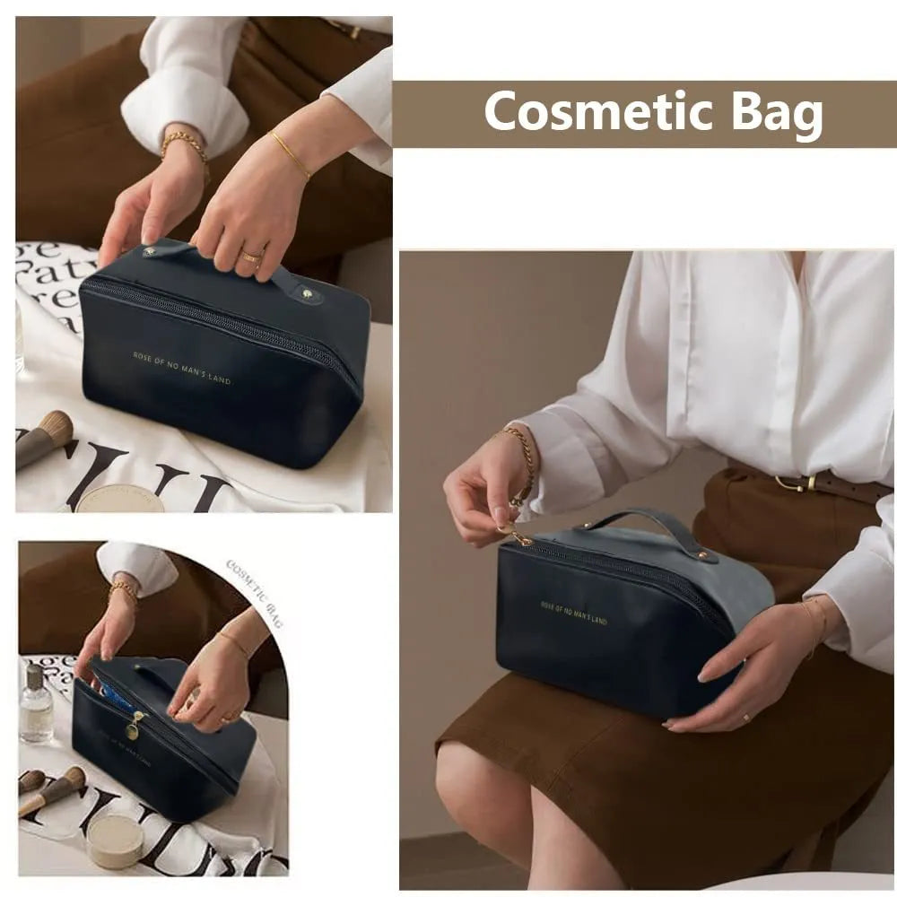 PU leather travel cosmetic bag with steel wire opening, 23.5x11x10.5cm, in rose pink.