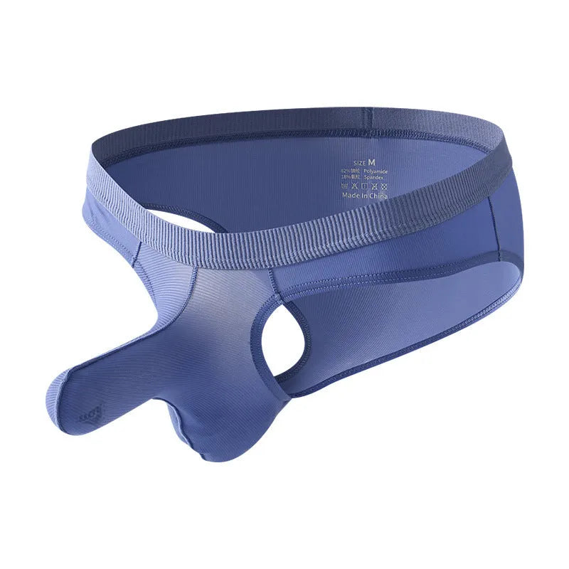 Men's low waist Ice Silk briefs in black, grey, purple blue, light green, and pink colour options.