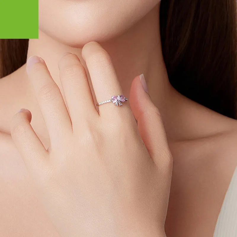 S925 sterling silver bow ring with zircon accent, electroplated silver-tone finish, US sizes 6 to 8
