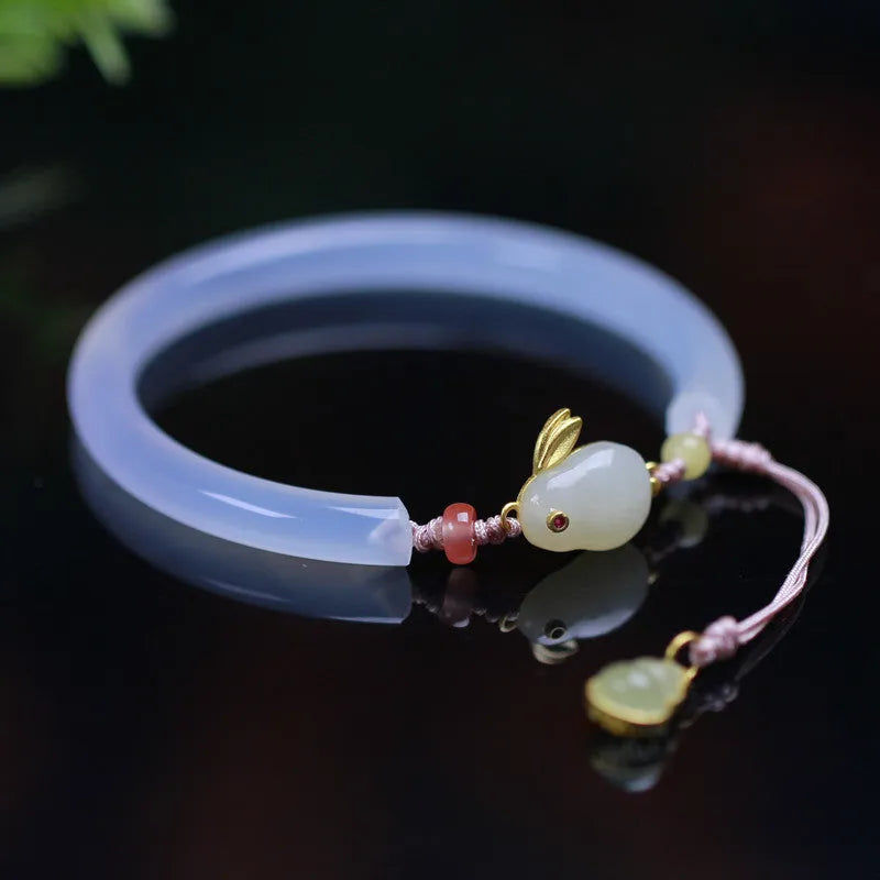 Natural white agate bracelet with S925 silver setting and Ruyi element, handmade