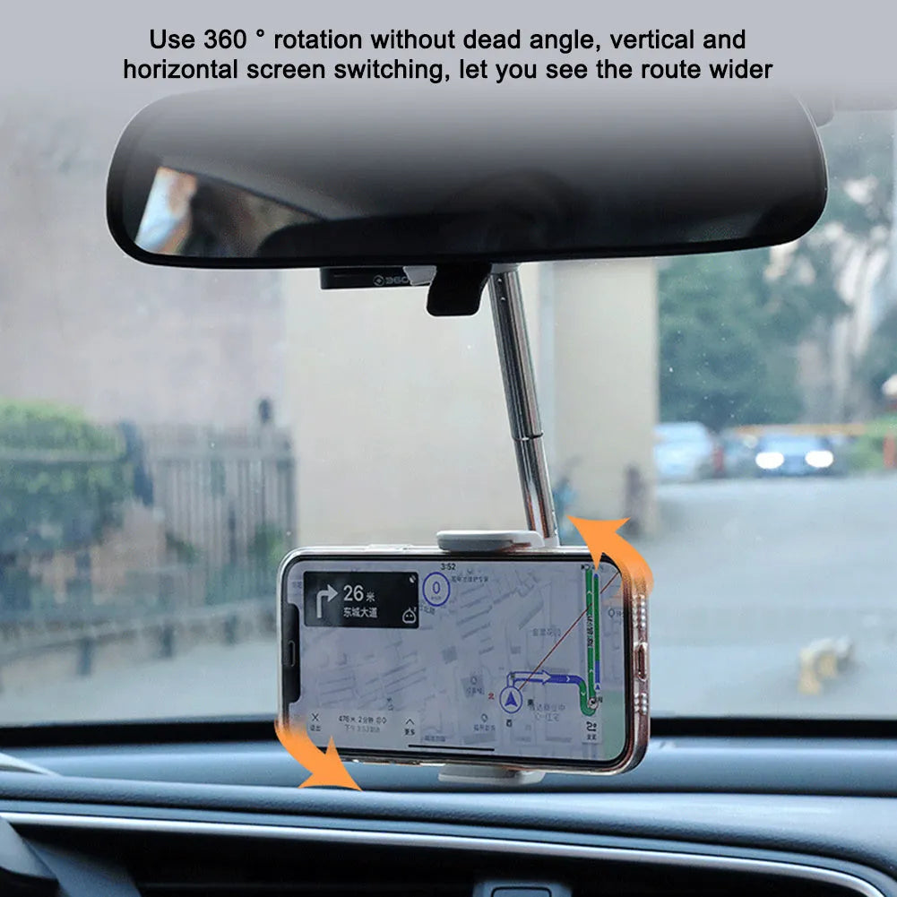 Black ABS car phone holder with 360-degree rotating mechanism mounted on car dashboard