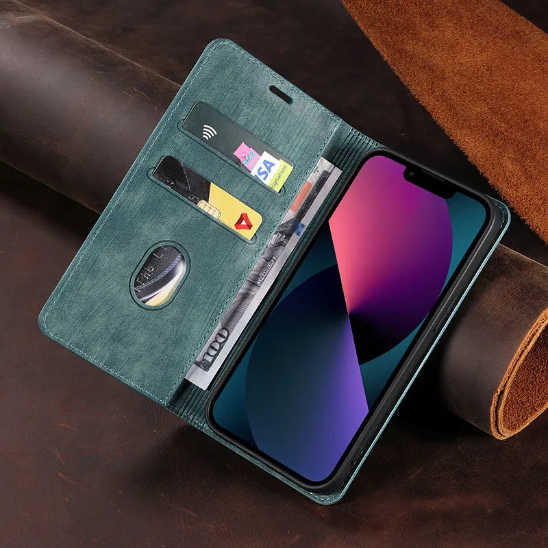 Magnetic flip phone case for iPhone in multiple colours showing front flap closed.