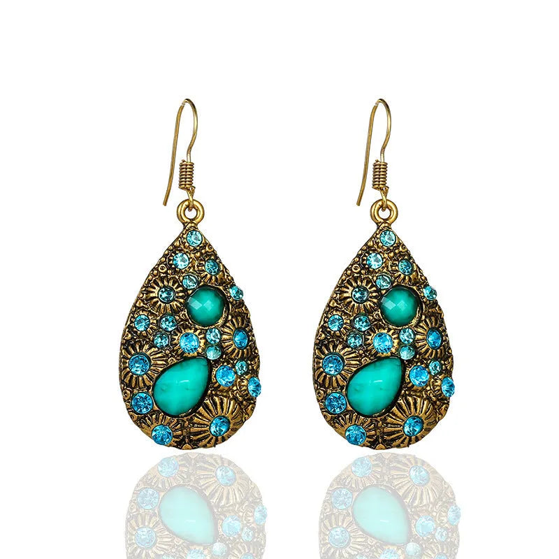 Water drop alloy earrings with diamond accent in retro ethnic style, available in multiple colours including blue and black
