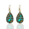 Water drop alloy earrings with diamond accent in retro ethnic style, available in multiple colours including blue and black