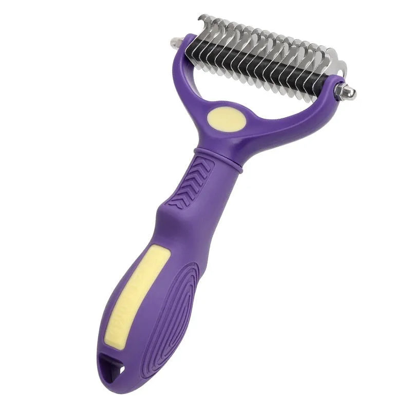 Purple double-sided plastic pet comb for removing knots from dog and cat fur.