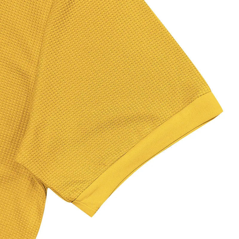 Men's waffle short sleeve polo shirt in cotton, slim fit jacquard lapel top, available in five colours.