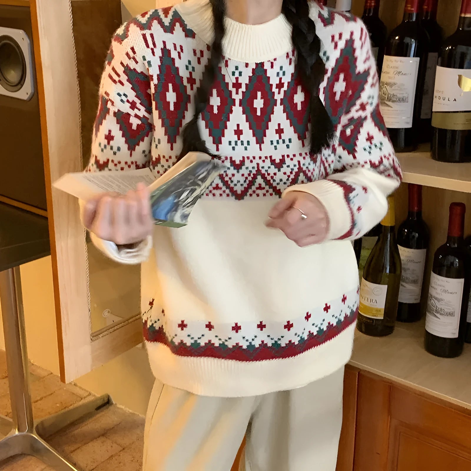 Red and white striped loose retro pullover knitted top with long sleeves