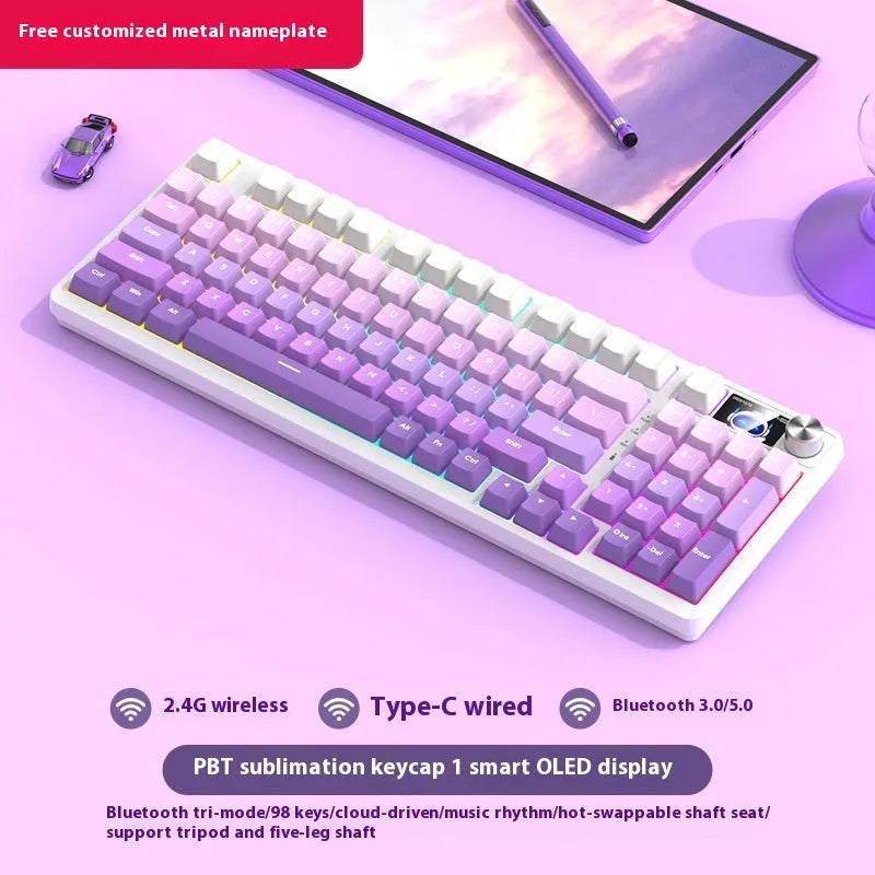 98 key wireless Bluetooth mechanical keyboard kit with optional display screen and metal knob