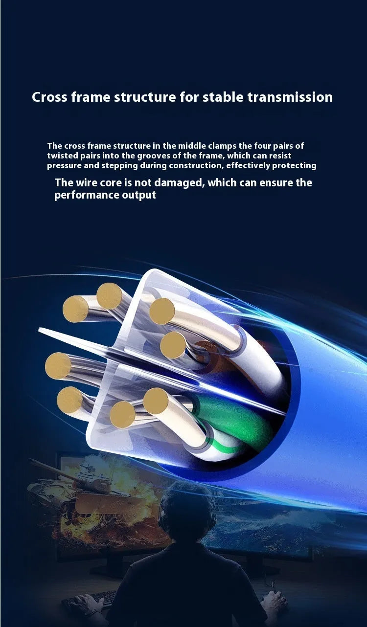 A large reel of blue or grey Cat 6A gigabit ethernet cable with oxygen-free copper conductors, showing 305m length.