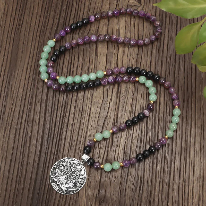 Yoga lotus pendant necklace and bracelet set with handmade stone beads on alloy chain