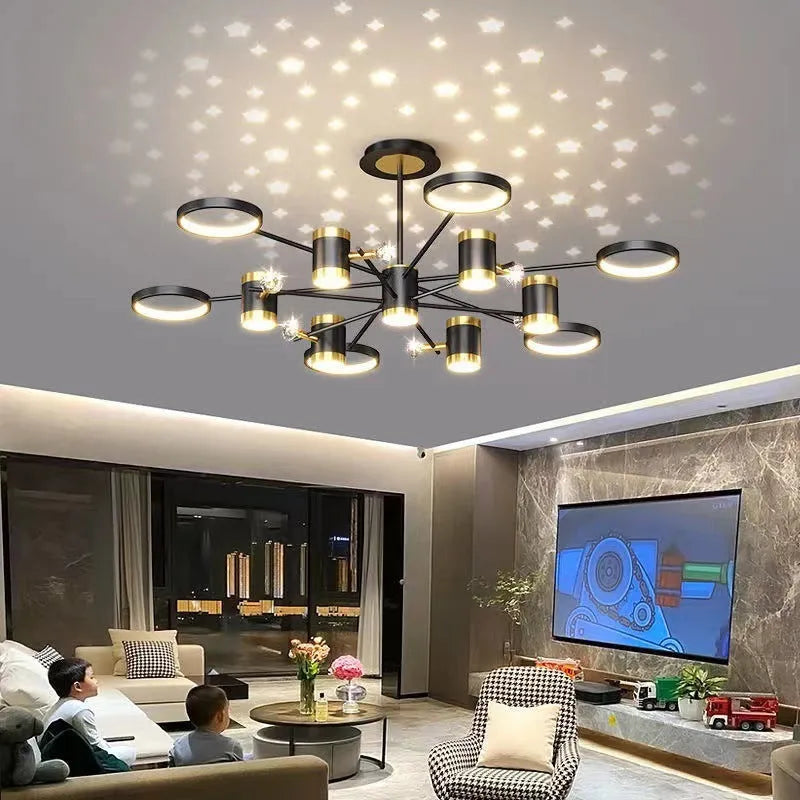 Black iron pendant chandelier with 13 light heads and an adjustable suspension cord.