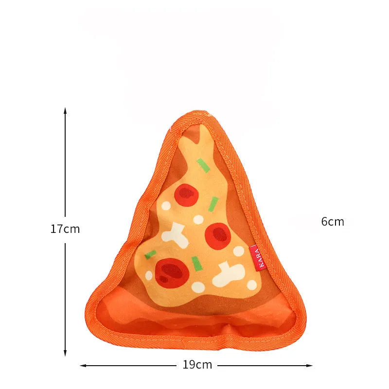 Food-shaped crinkle and squeaky dog toy in hamburger, fries, hot dog, or pizza design for interactive play.