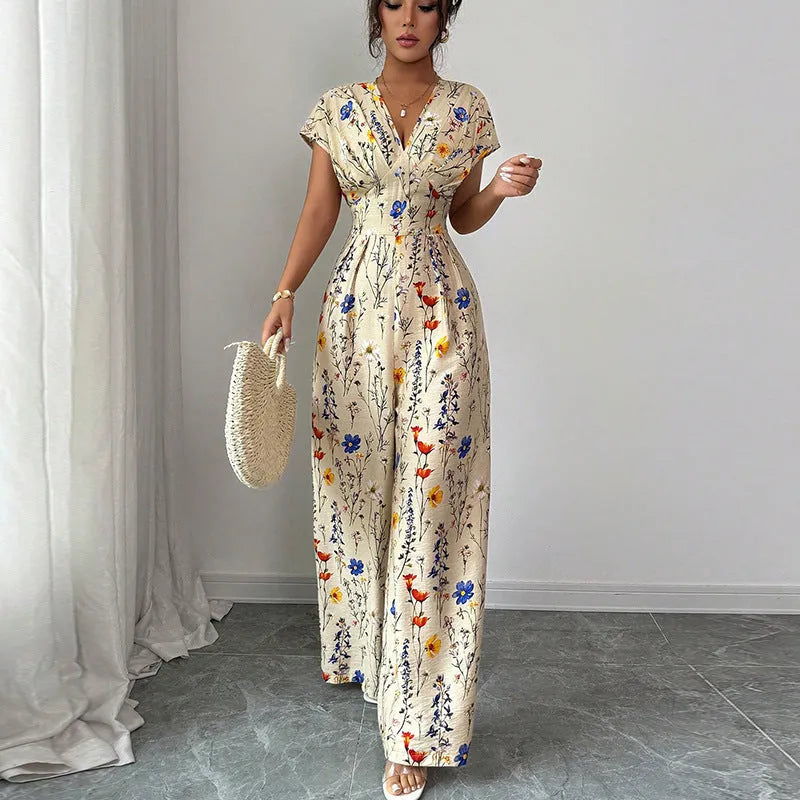 Apricot high-waist wide-leg pants with short sleeves and waist-cinching fit, polyester, sizes S to XL