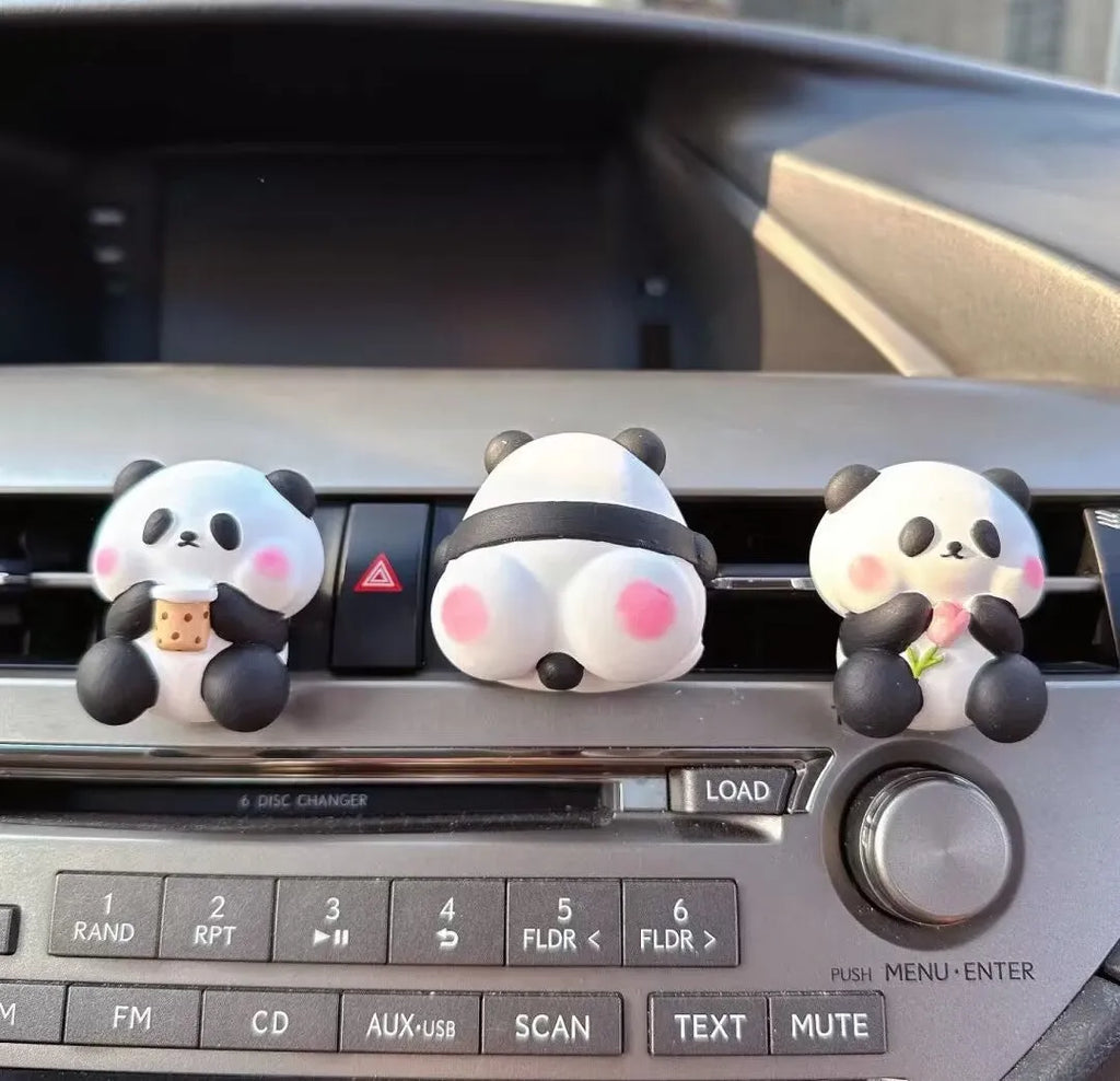 Panda car vent perfume decoration showing three design options: milk tea panda, flower panda and back panda