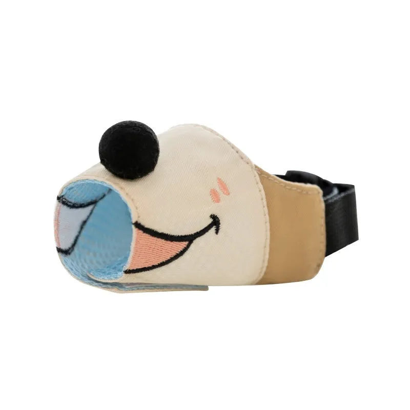 Canvas dog muzzle anti-bite mouth cover in Bondi Blue Shark colour shown next to size guide for S, M, L, and XL.