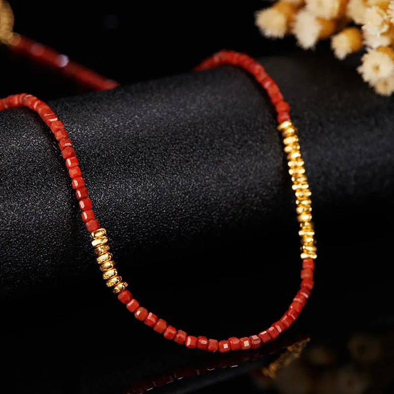 Women's red agate square candy pendant necklace on 925 silver clavicle chain with adjustable length