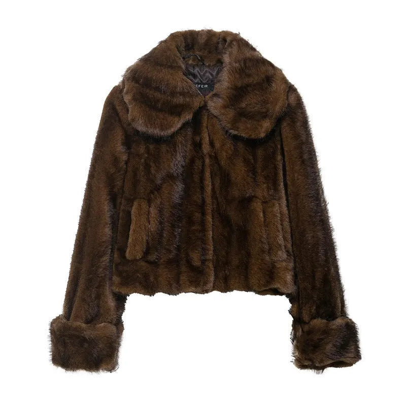 Women's faux fur coat and skirt set in solid colour with button details, long sleeves, blended polyester, sizes XS to L