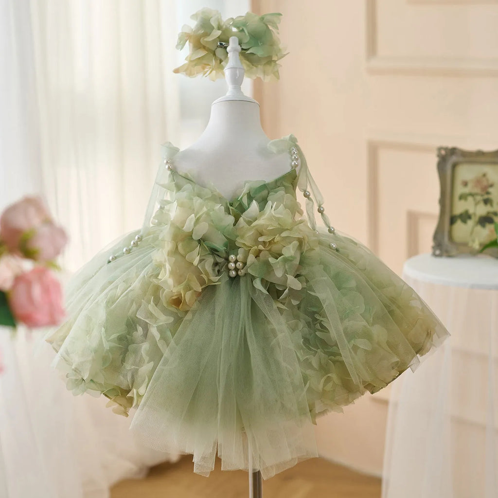 Girls' FARCENT princess dress in green champagne contrast colour, polyester lined, sizes 80cm to 160cm