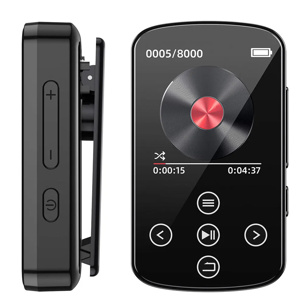 Black Bluetooth MP3 music player with touch screen and buttons