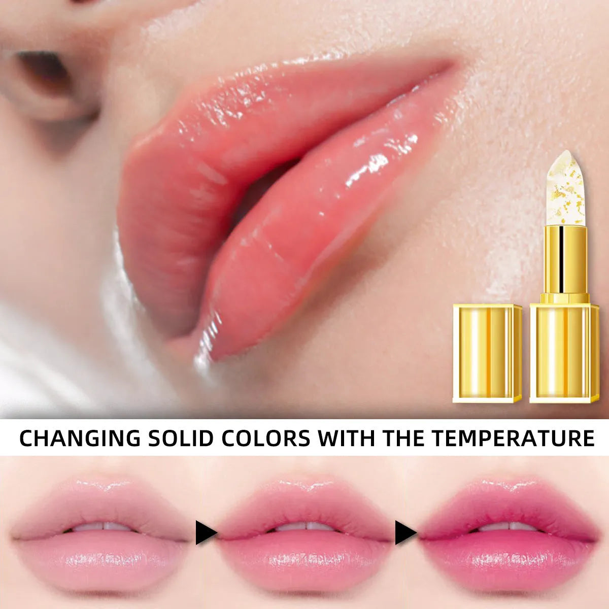 Anti-smudge colour-changing lipstick with warm gilding effect in 3.5g size