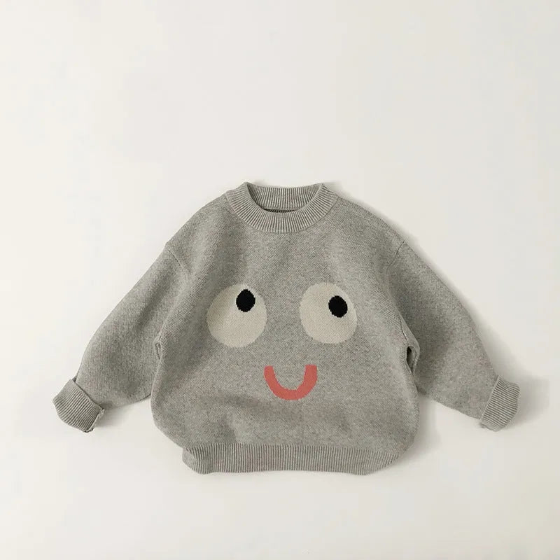 Children's cotton knit pullover sweater in camel colour with cartoon pattern, long sleeves, size 80-130cm