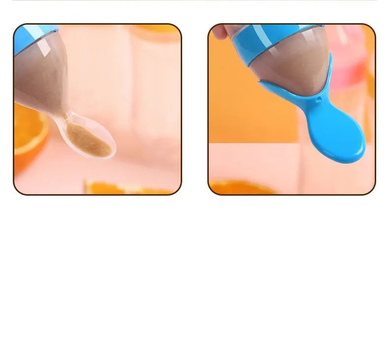 Silicone baby rice paste feeding bottle with suction cup base in blue, green, pink, white, or yellow.