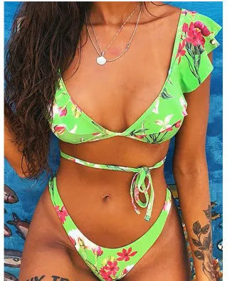 Yellow floral print split bikini swimsuit on a mannequin, showing front and back views.