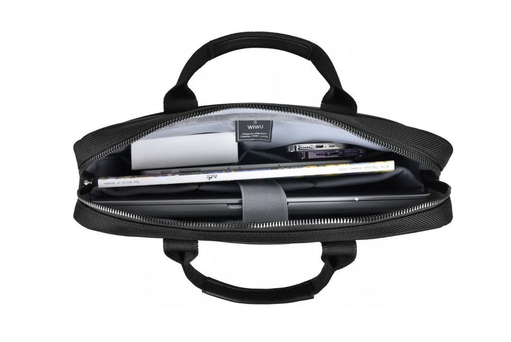 Black Oxford cloth laptop backpack showing multiple pockets and anti-seismic padding for 14-inch or 15.6-inch computers.