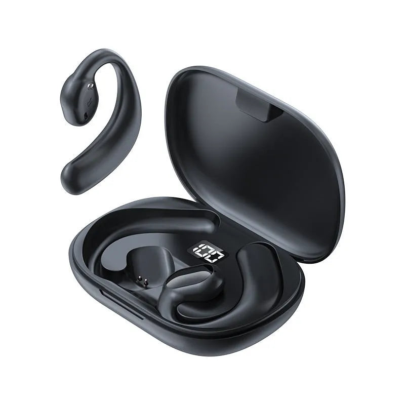 Black and white ear-mounted Bluetooth headset with digital display screen on side