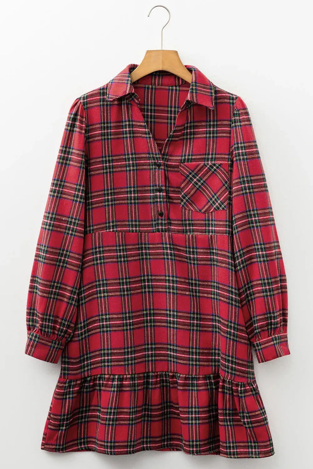 Red and black plaid women's mini dress with a shirt collar, long sleeves, and a ruffled hem.