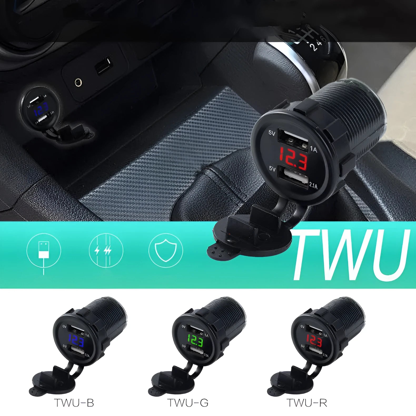 Waterproof motorcycle car charger with USB port and coloured LED light, shown with optional power cables.