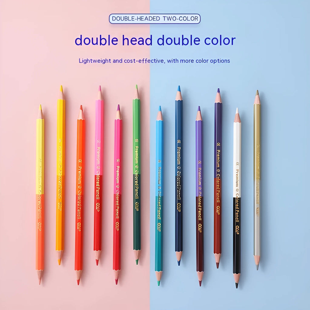Set of double-headed wooden coloured pencils showing two pack size options: 6 pieces and 12 pieces.