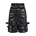 Men's black leather ring casual cropped pants with medium-low waist design