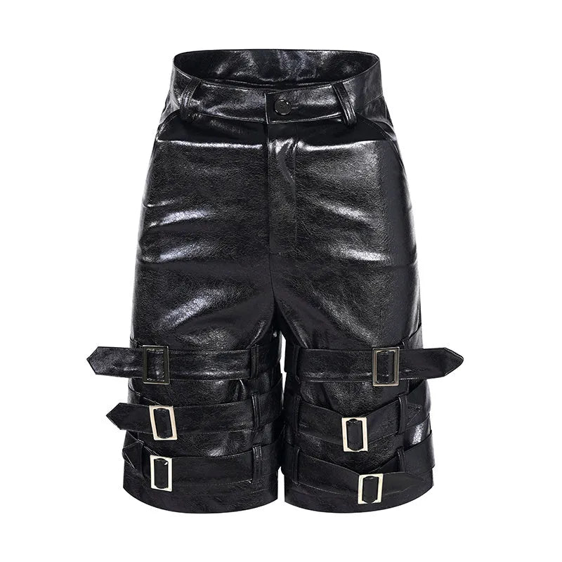 Men's black leather ring casual cropped pants with medium-low waist design