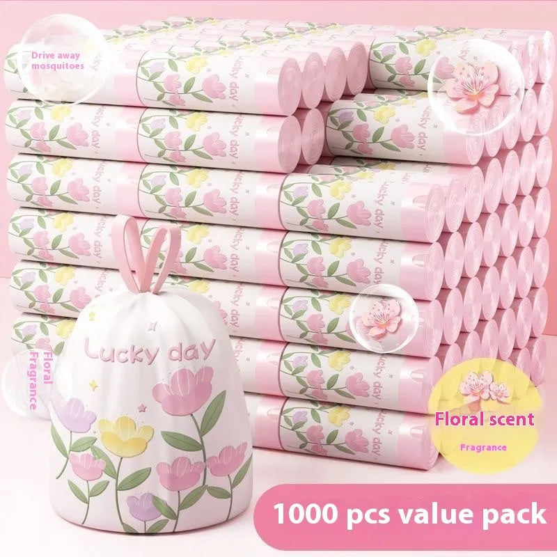 Pink degradable drawstring garbage bag with argy wormwood mosquito repellent, size 44cm by 48cm.