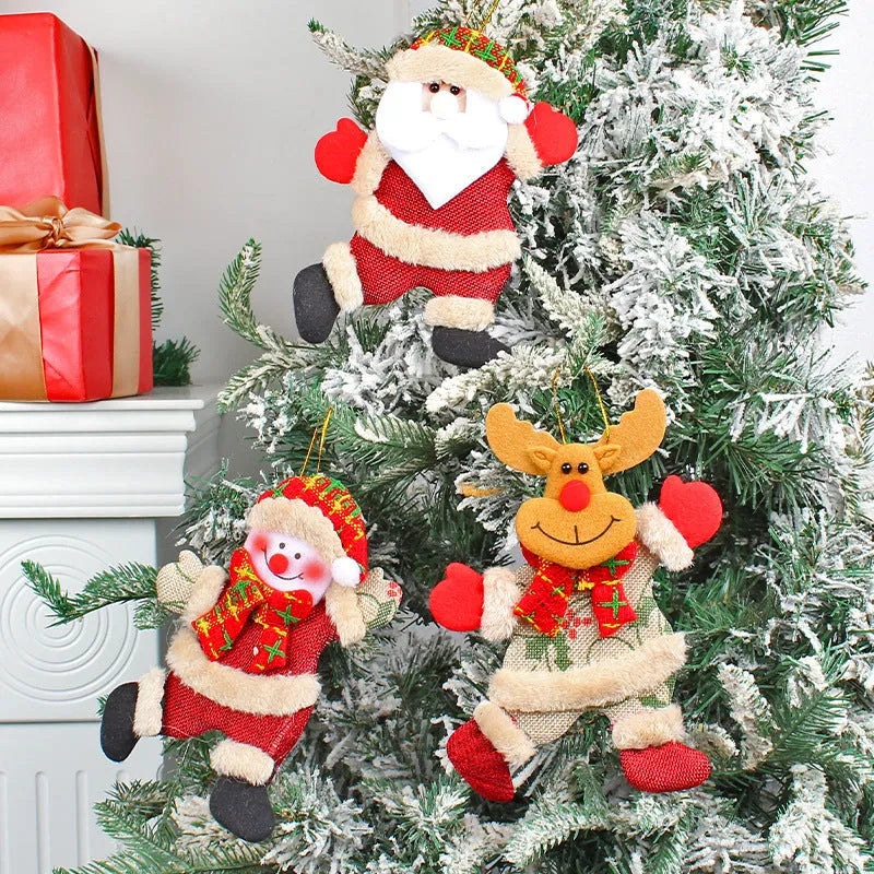 Christmas tree ornaments set with Santa, snowman, reindeer and bear figures in red and white scarves, golden balls and red bows.