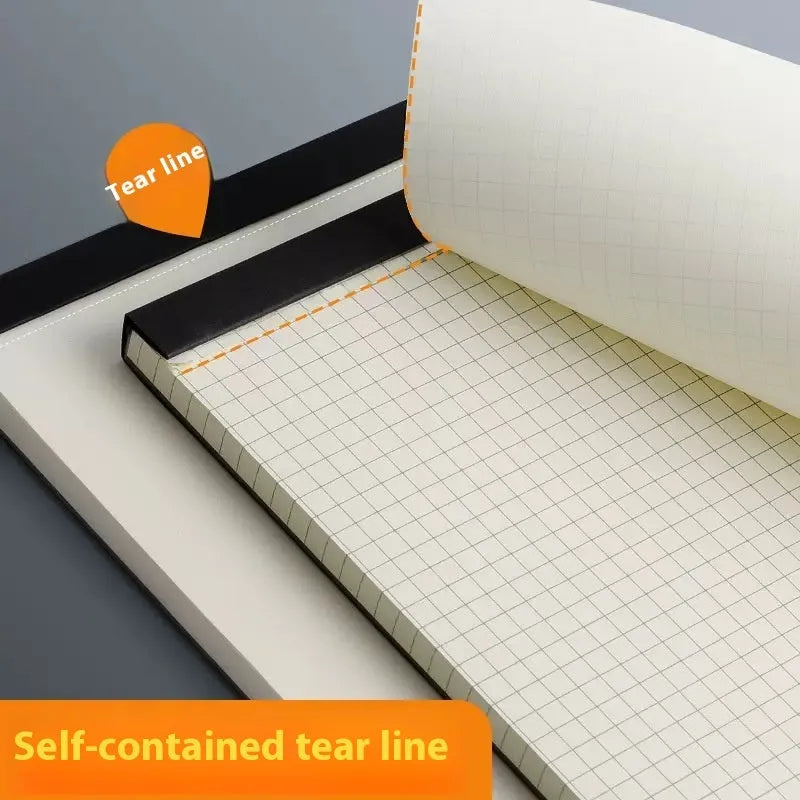 A5, B5 and A4 tearable writing pads showing grid, lined and blank page options