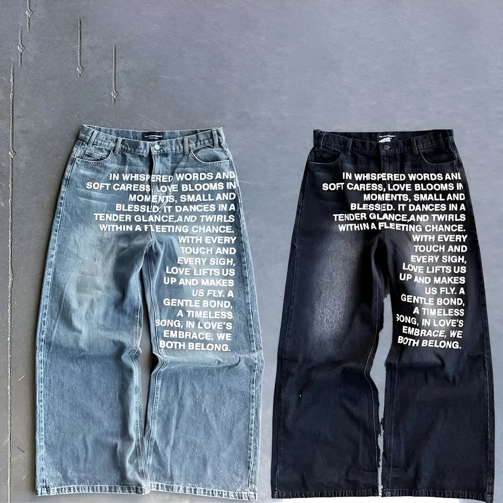 Men's loose wide-leg straight trousers in cotton fabric, shown in black and blue colour options