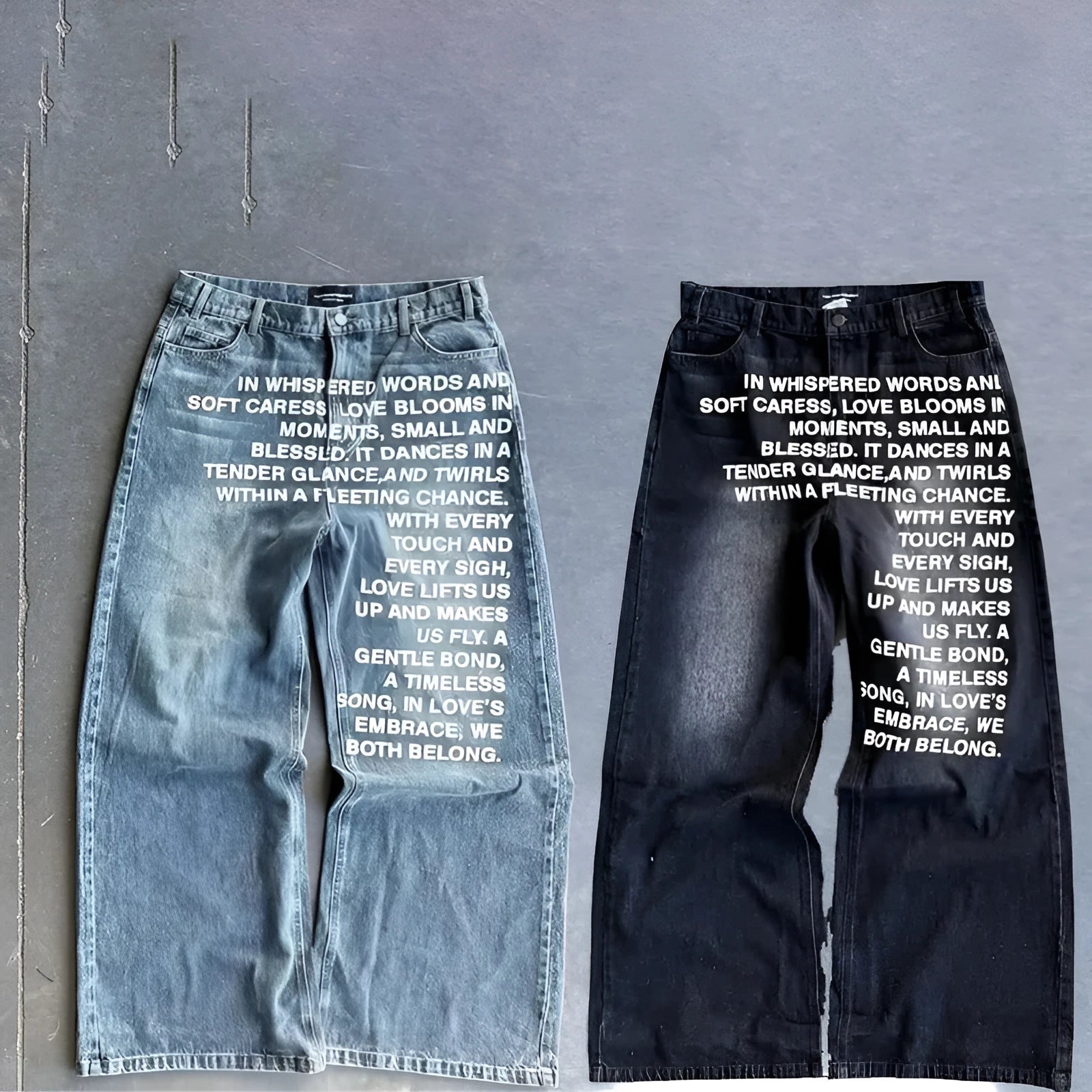 Men's loose wide-leg straight trousers in cotton fabric, shown in black and blue colour options