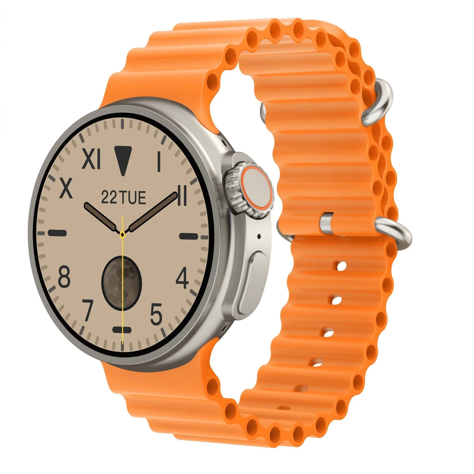 Black K9 smartwatch with round screen on a silicone strap, showing a fitness tracking display.