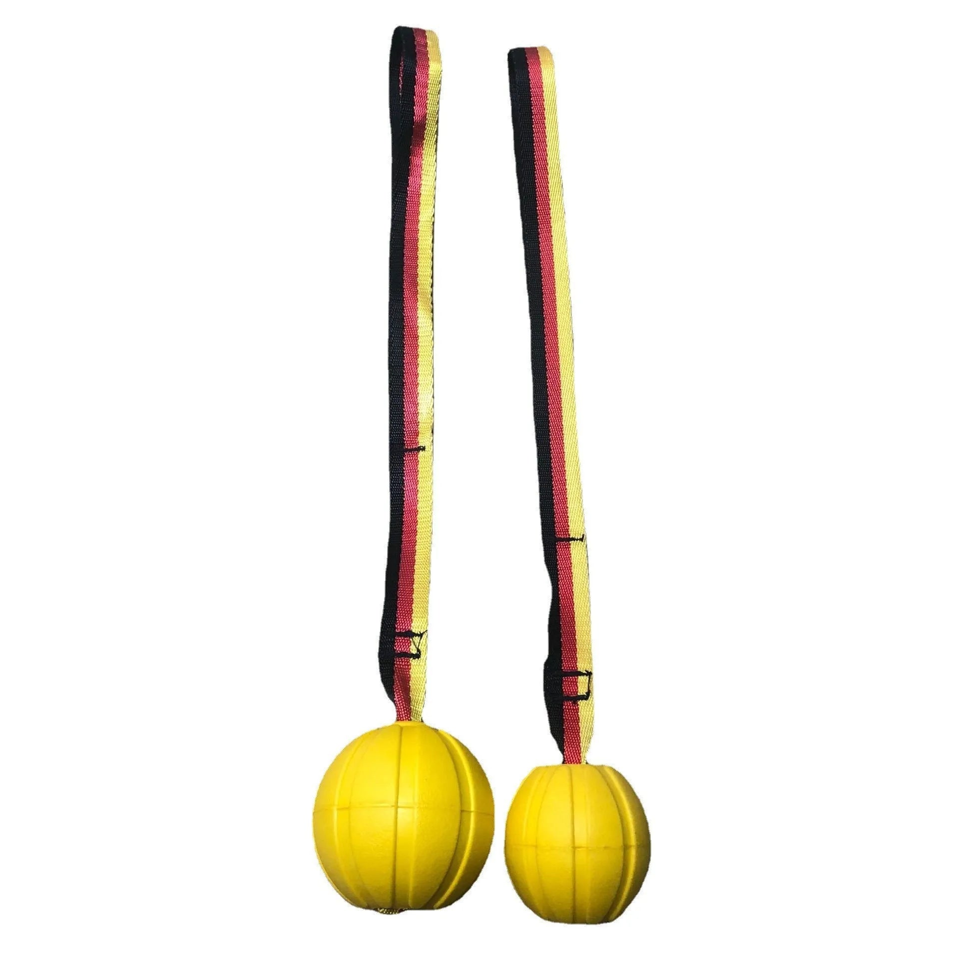 Yellow and camouflage coloured EVA floating knot balls for dogs in three different sizes on a blue background.
